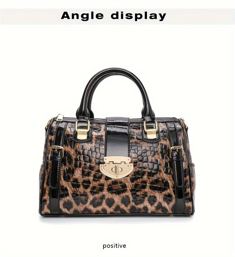 Leopard Print Handbag For Women, Crocodile Pattern Boston Bag, Luxury Genuine Leather Satchel Purse