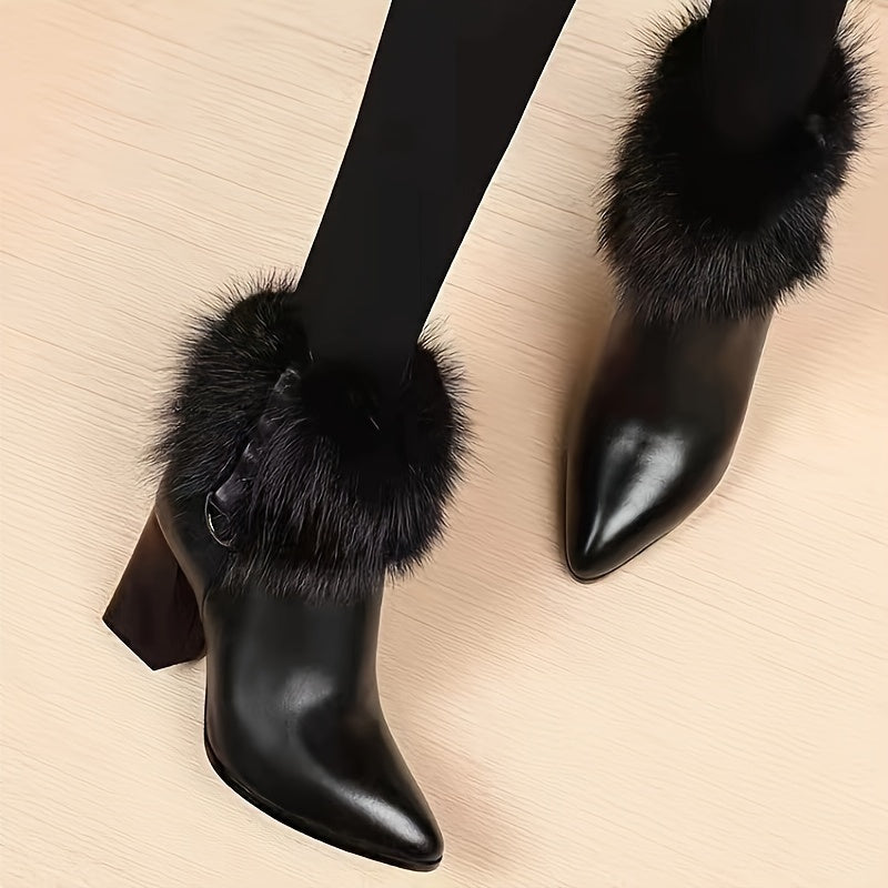 Women's Chunky Heel Ankle Boots, Fluffy Faux Fur Side Zipper Boots, Thermal Lined Winter Plush Boots