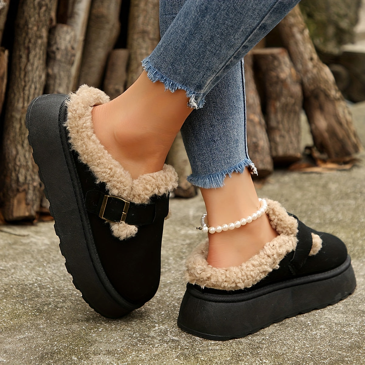 Cozy Plush Lined Ankle Boots - Soft Solid Color Design, Comfortable Buckle Strap, Warm Winter Shoes for Women - Perfect for Cold Weather, Casual Daily Wear