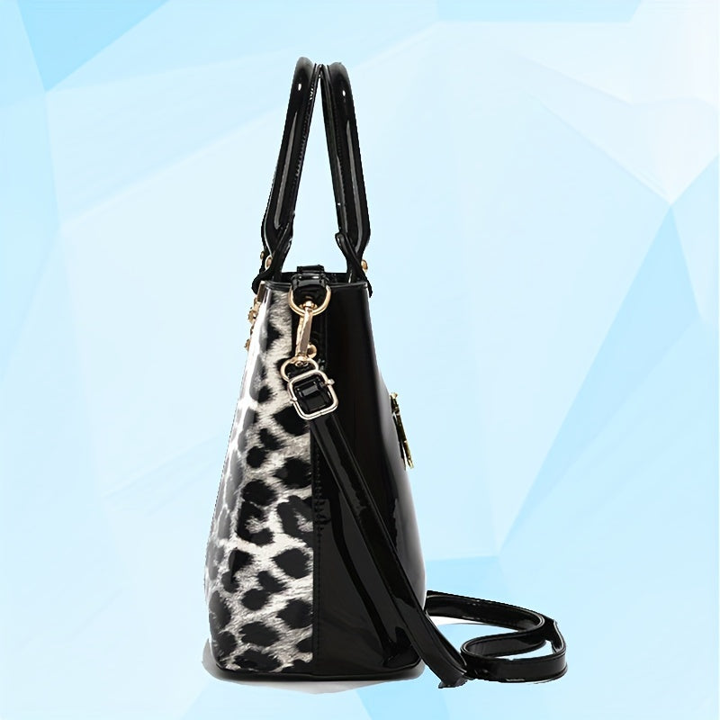 Elegant Leopard Pattern Handbag, Bright PU Leather Crossbody Bag, Fashion Double Handle Purse For Women