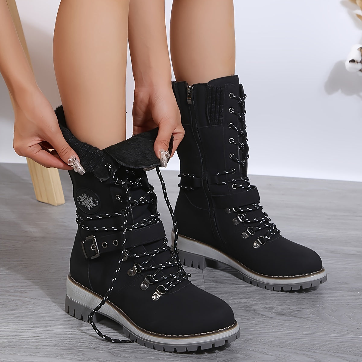 Stylish Knitted Mid-Calf Boots - Trendy Solid Color Winter Boots with Side Zipper, Buckle Belt, and Non-Slip Sole for Women - Perfect for Cold Weather and Casual Occasions