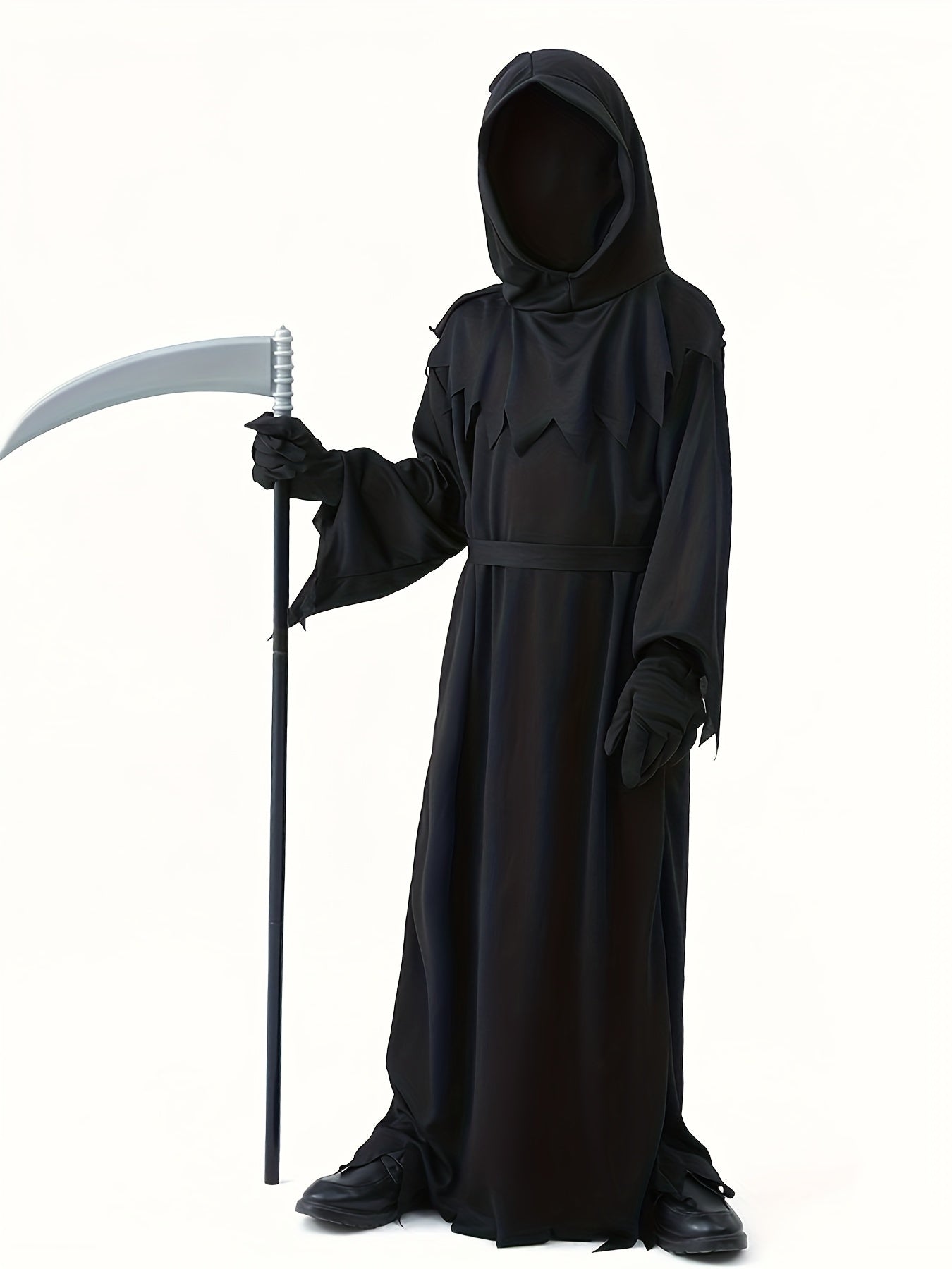 Halloween Youth Grim Reaper Costume Set with Glowing Eyes, Sickle & Luminous Accessories - Includes Headgear, Jumpsuit, Belt, Gloves - Ideal for Party Costume