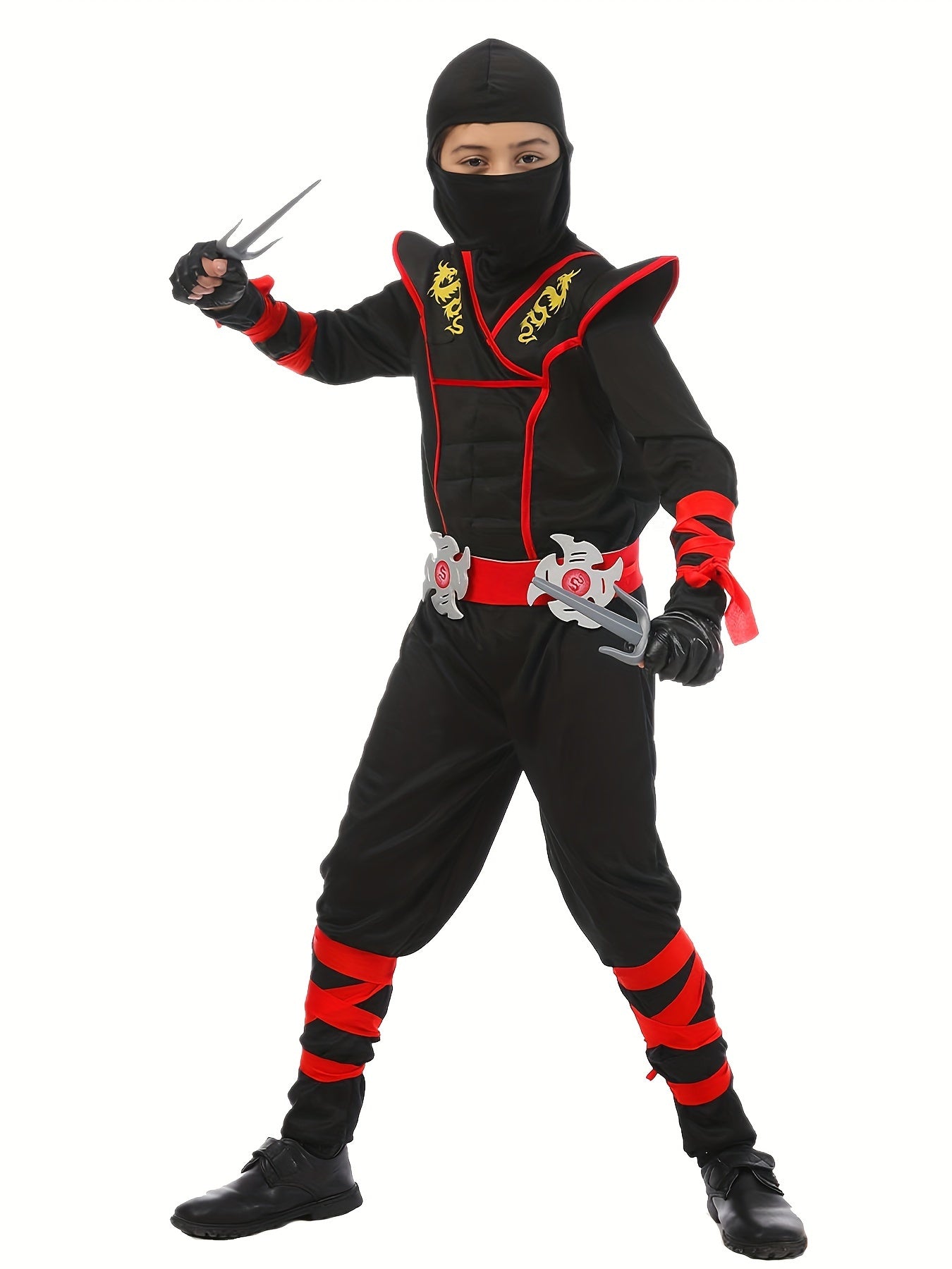 Deluxe Children's Ninja Outfit Set, Muscle Ninja Apparel for Halloween Boys Role-play, Polyester Spandex Blend, Crew Neck, Zippered, Suitable for Over 3 Years Old