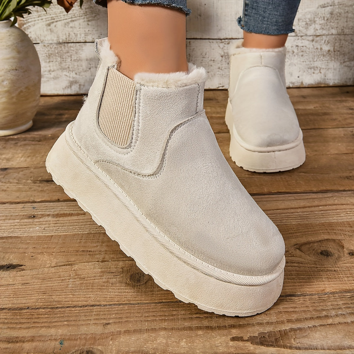 Women's Ankle Booties - Mid Heel Platform Round Toe Slip-on Boots with Fabric Upper, Inner & Insole - Solid Color European Special Design with PU Sole