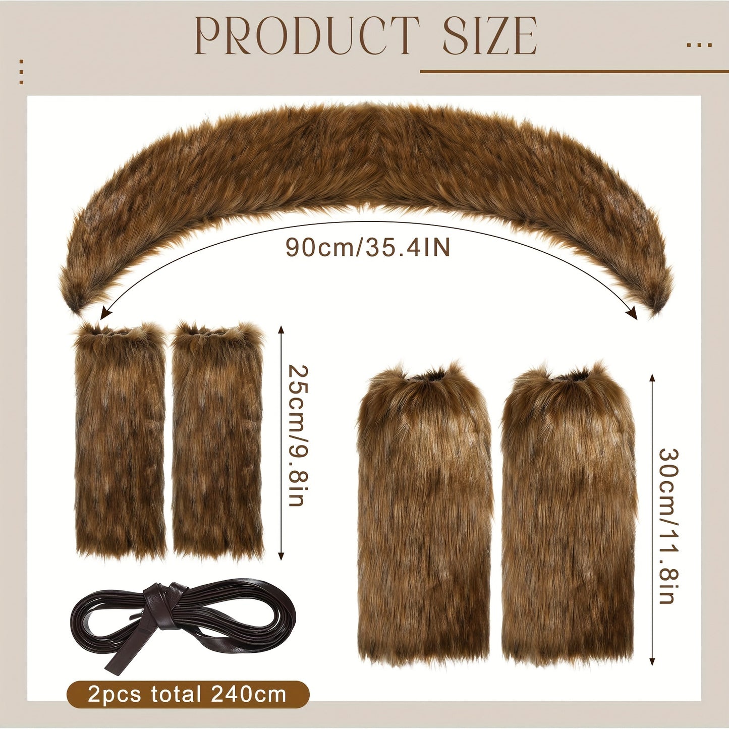 5-Pcs Viking Deluxe Faux Fur Accessories Set - Luxurious Collar, Leg & Hand Warmers - Authentic Style for Halloween Costume, Cosplay Events