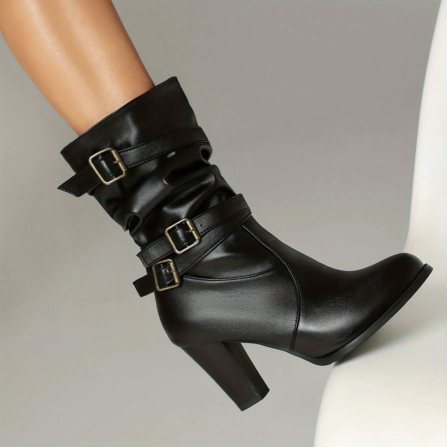 Women's Trendy Block Heeled Boots, Fashion Buckle Strap Design Mid Calf Boots, Women's Comfortable Boots