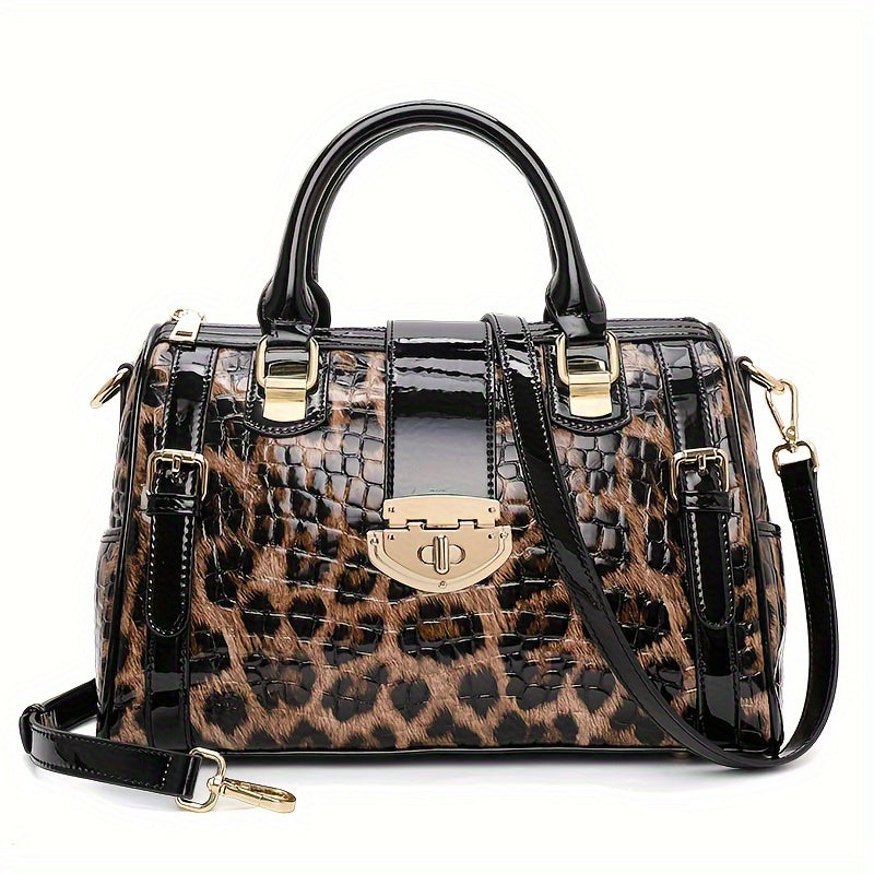 Leopard Print Handbag For Women, Crocodile Pattern Boston Bag, Luxury Genuine Leather Satchel Purse