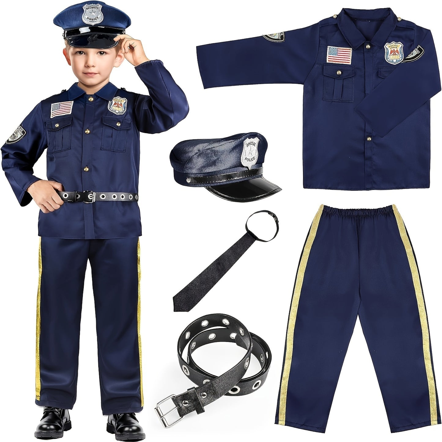 Police Officer Costume For Kids - Police Uniform For Kids, Kids Halloween Costumes For Boys Girls, Toddler Dress Up, Cop Costume Role Play Kit For Halloween Career Day