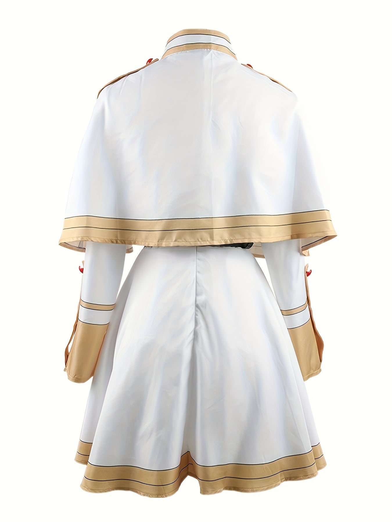 Epaulettes Contrast Trim Belted Cosplay Set, Crop Open Front Cape & Striped Button Cuff Long Sleeve Pleated Dress, Women's Clothing