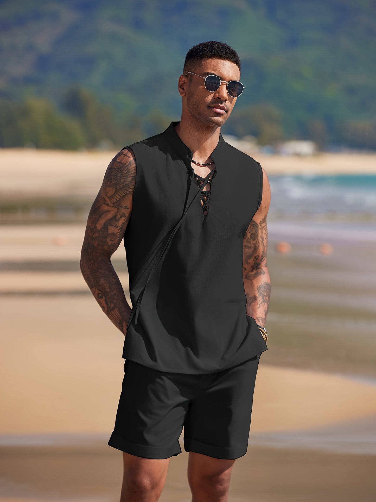 Men's Linen Sets 2 Piece Beach Outfits Lace Up Hippie Tank Tops Summer Casual Sleeveless Shirts Matching Shorts Set