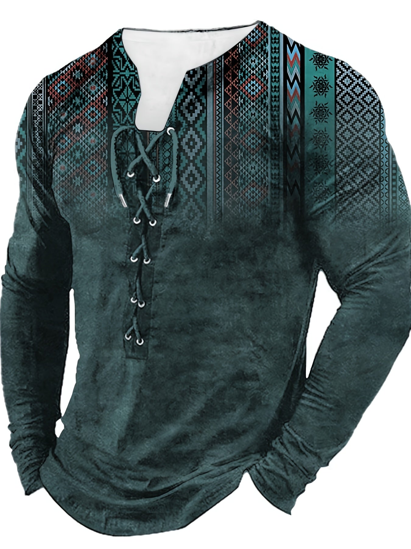 Bohemian Style Pattern Men's Vintage Long Sleeve Henley Tee, Spring Fall, Gift For Men