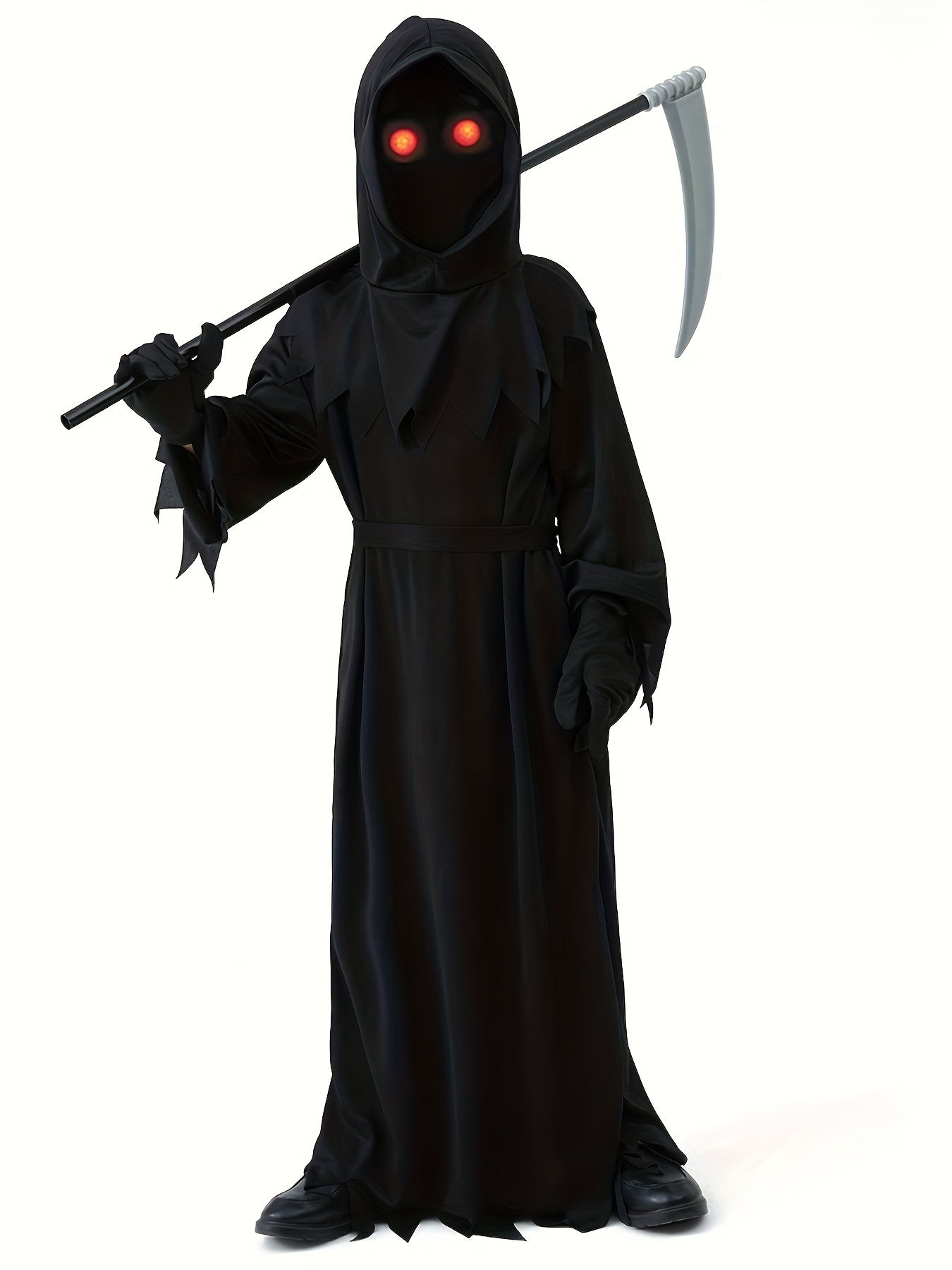 Halloween Youth Grim Reaper Costume Set with Glowing Eyes, Sickle & Luminous Accessories - Includes Headgear, Jumpsuit, Belt, Gloves - Ideal for Party Costume