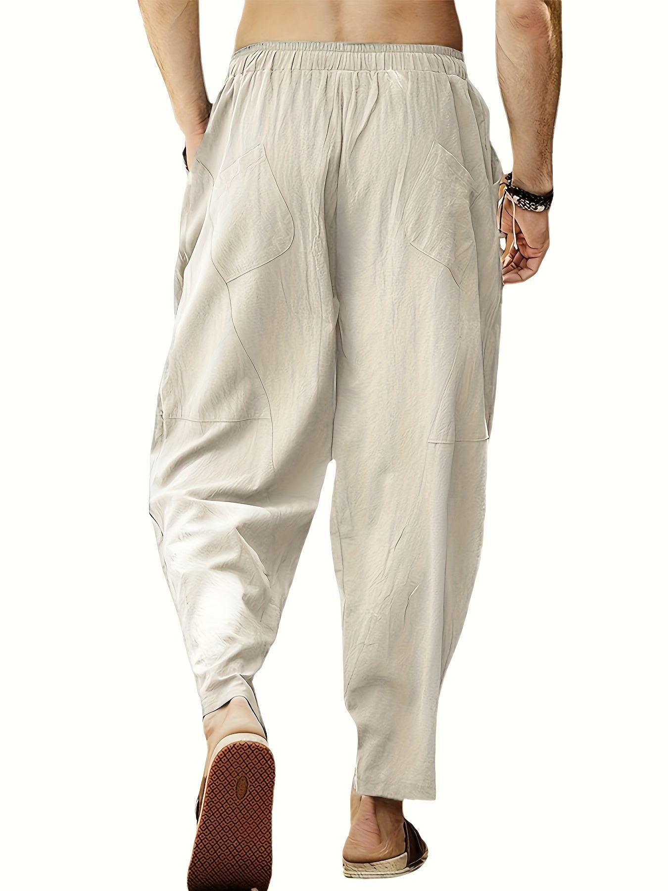 Men's Cotton Linen Pants Drawstring Elastic Waist Yoga Beach Pants Casual Lightweight Hippie Trousers