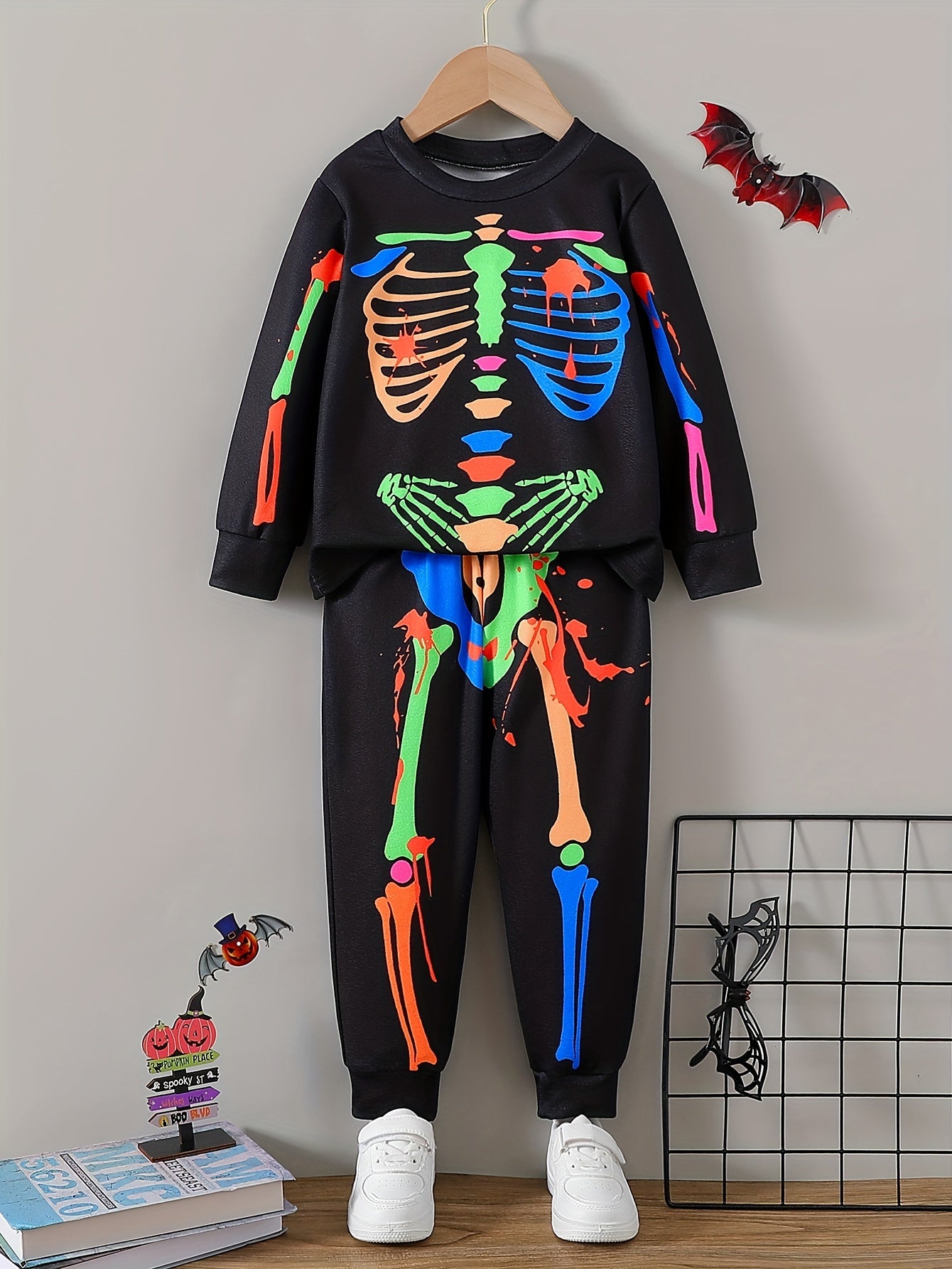 Kids Halloween Glow in the Dark Colorful Skeleton Print Long Sleeve Top and Pants Set - Party Style Polyester Outfit with Slight Stretch, Fit for Ages 12 and Under