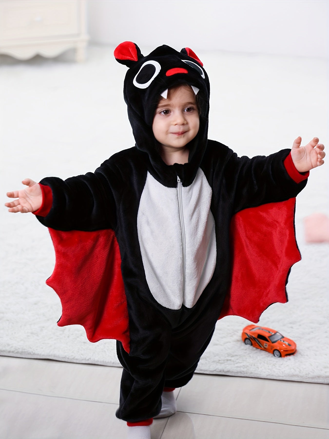 Baby's Halloween Style Bat Hooded Jumpsuit, Warm Fuzzy Wings Sleeve Romper, Baby Boy's & Girl's Clothes.