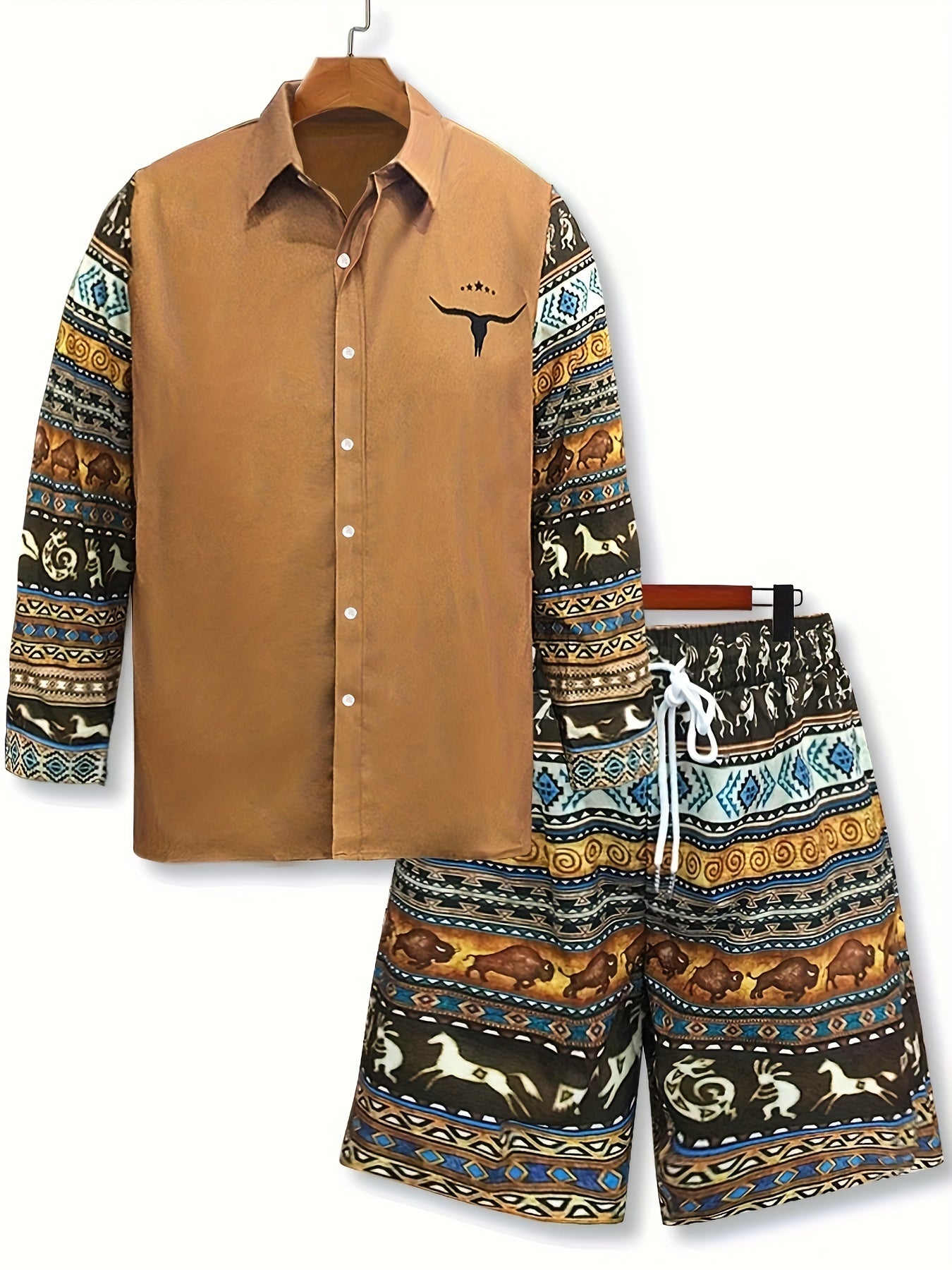 Men's Plus Size Bohemian Style Ethnic Pattern Graphic Print Shirt & Shorts Set, Casual Summer Beach Wear