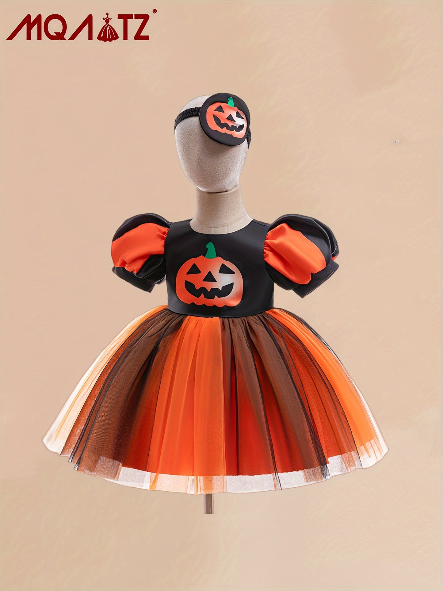 MQATZ Toddler Umbrella Skirt Costume with Pumpkin Print & Headband - Polyester Blend Party Dress with Crew Neck, Short Sleeves, Non-Stretch Fabric, All-Season Fit for 24 Months+, Woven Horror-Themed Outfit