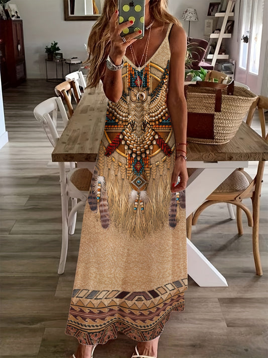 Ethnic Owl Print Cami Dress, Casual Sleeveless Maxi Dress For Spring & Summer,