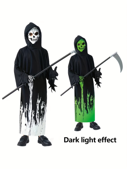 Boy's Creative Halloween Clothes With Grim Reaper Luminous Design Print, Suitable For Stage Performance And Halloween Carnival Party