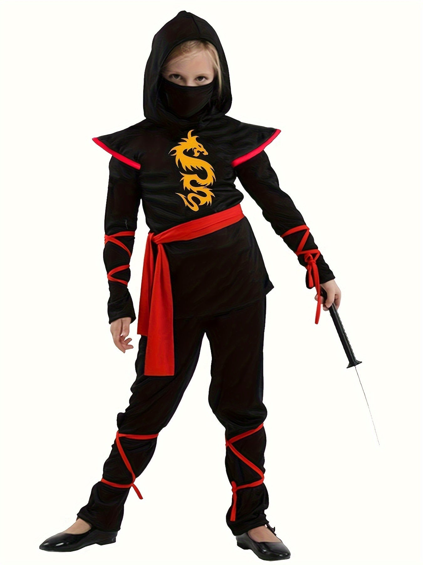 Kids Ninja Costume Set - Halloween Cosplay Ninja Outfit with Accessories for Children - Polyester and Spandex Blend Party Costume - Slight Stretch Solid Color Fabric - Woven Weave - Regular Fit for Boys and Girls Aged 3+