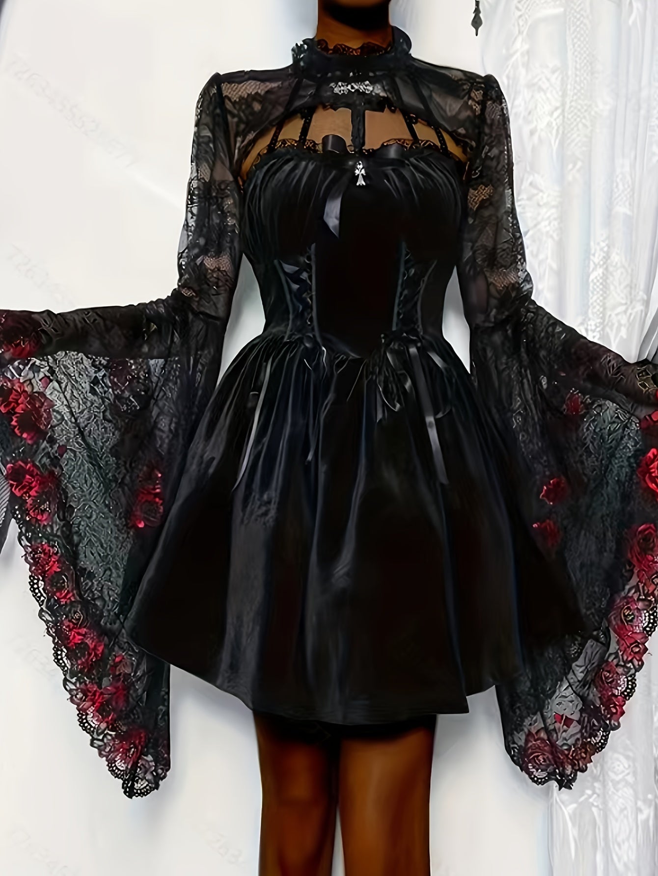 Gothic Style Guipure Lace Open Front Cape, Flare Sleeve Crop Shawl Top For Party & Cosplay,