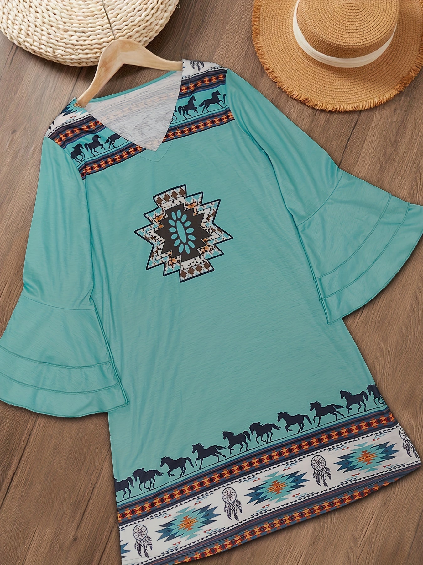 Boho Aztec Print Dress, Ethnic Layered Flared Sleeve V Neck Dress,