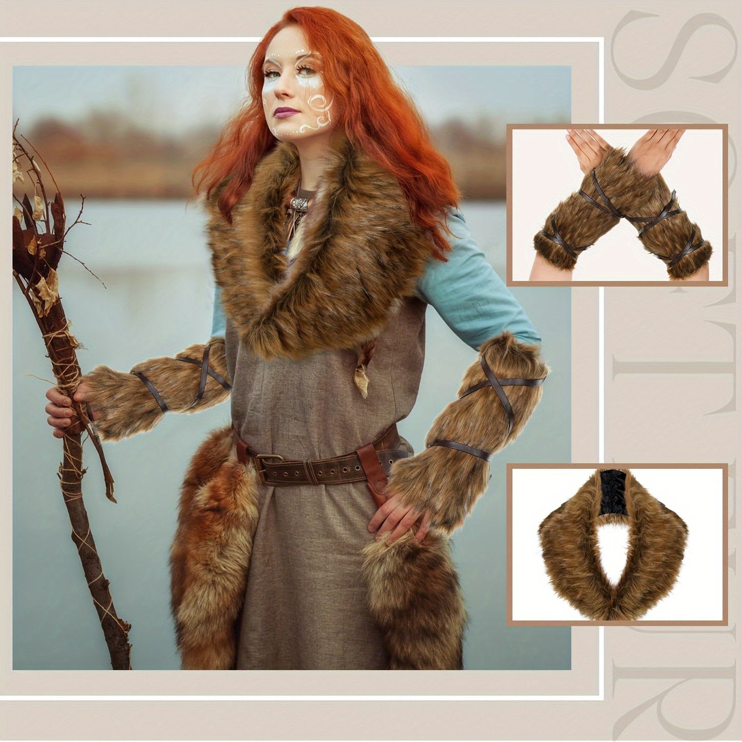 5-Pcs Viking Deluxe Faux Fur Accessories Set - Luxurious Collar, Leg & Hand Warmers - Authentic Style for Halloween Costume, Cosplay Events