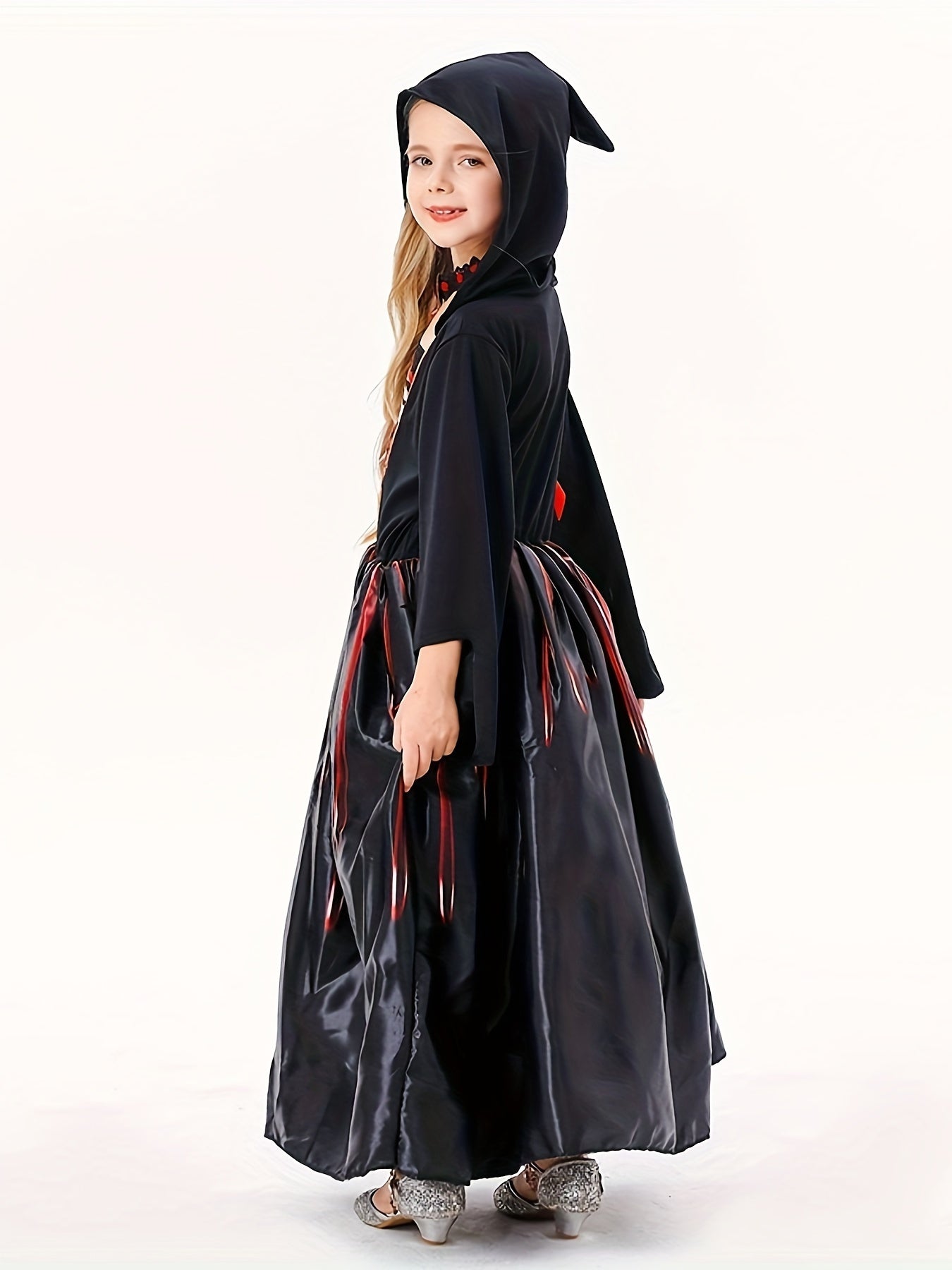 Kids' Halloween Witch Costume - Spooky Black Skull Hooded Long Sleeve Dress with Geometric Pattern, Polyester & Spandex Blend, Machine Washable