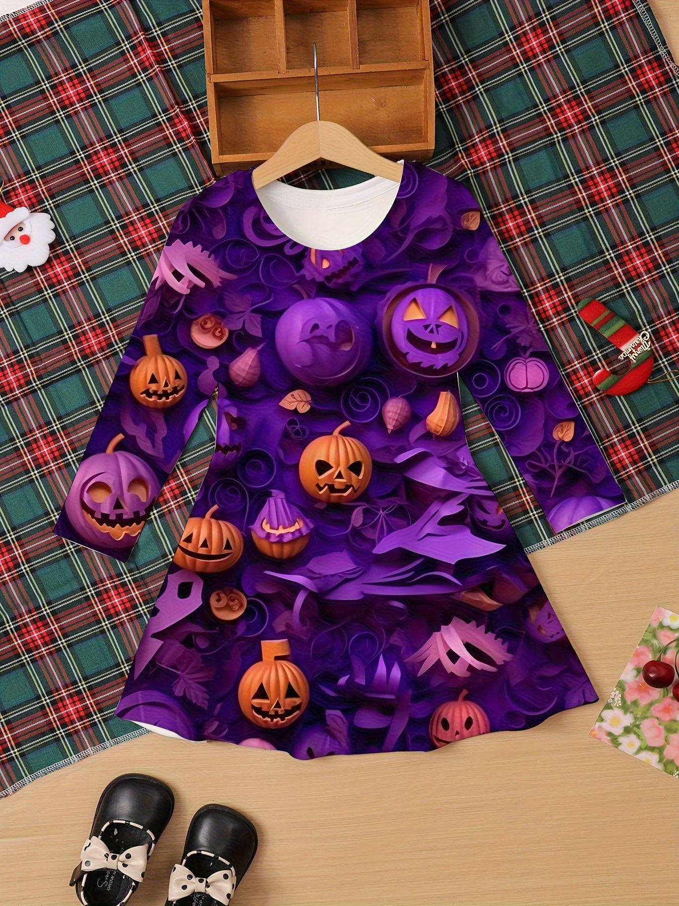 Kids' Halloween A-Line Dress - Long Sleeve 3D Printed Pumpkin Tunics, Casual Polyester Knit Fabric with Slight Stretch for Children Aged 3-12