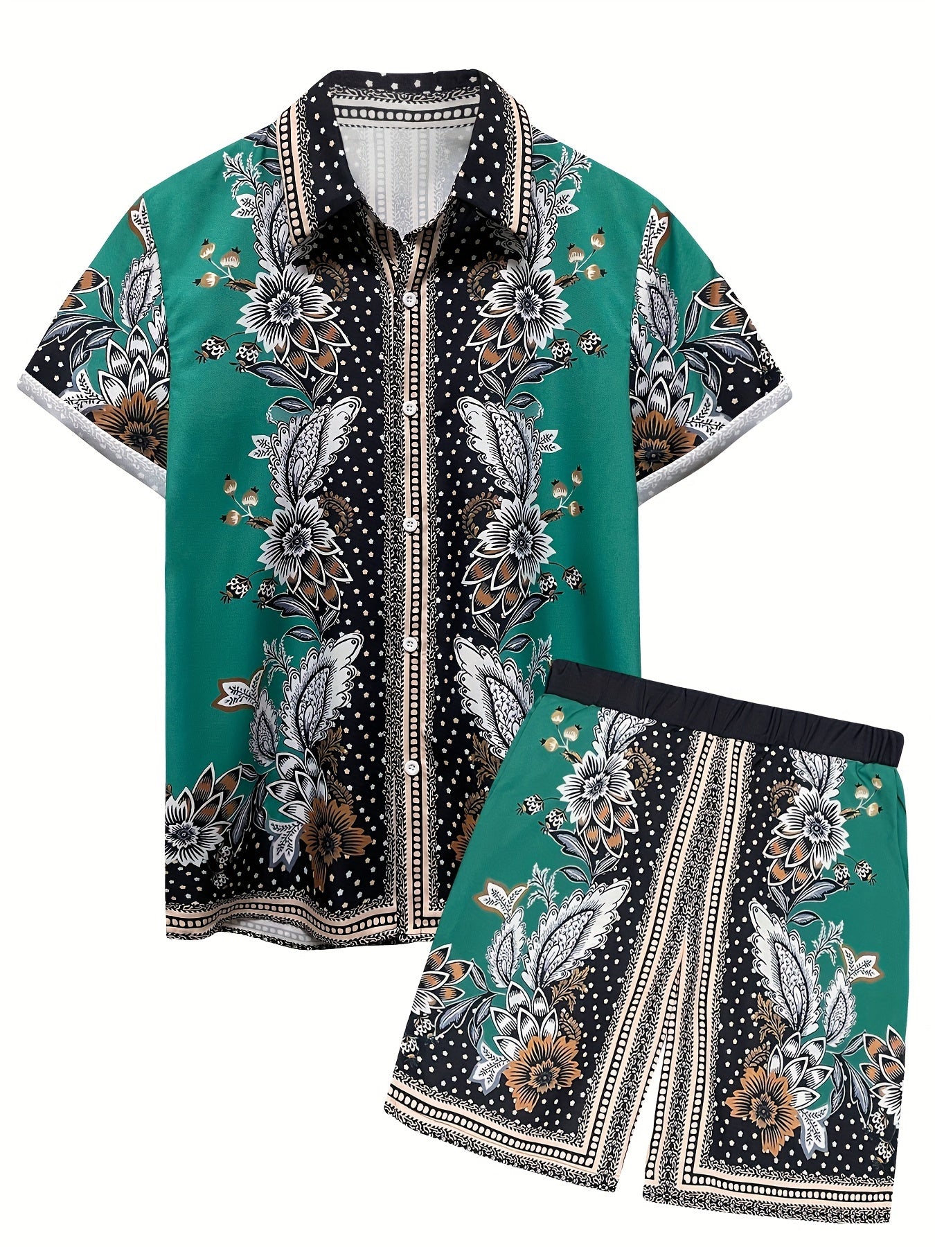 2Pcs Ethnic Style Floral Pattern Print Outfits For Men, Short Sleeve Shirt & Shorts Set For Summer