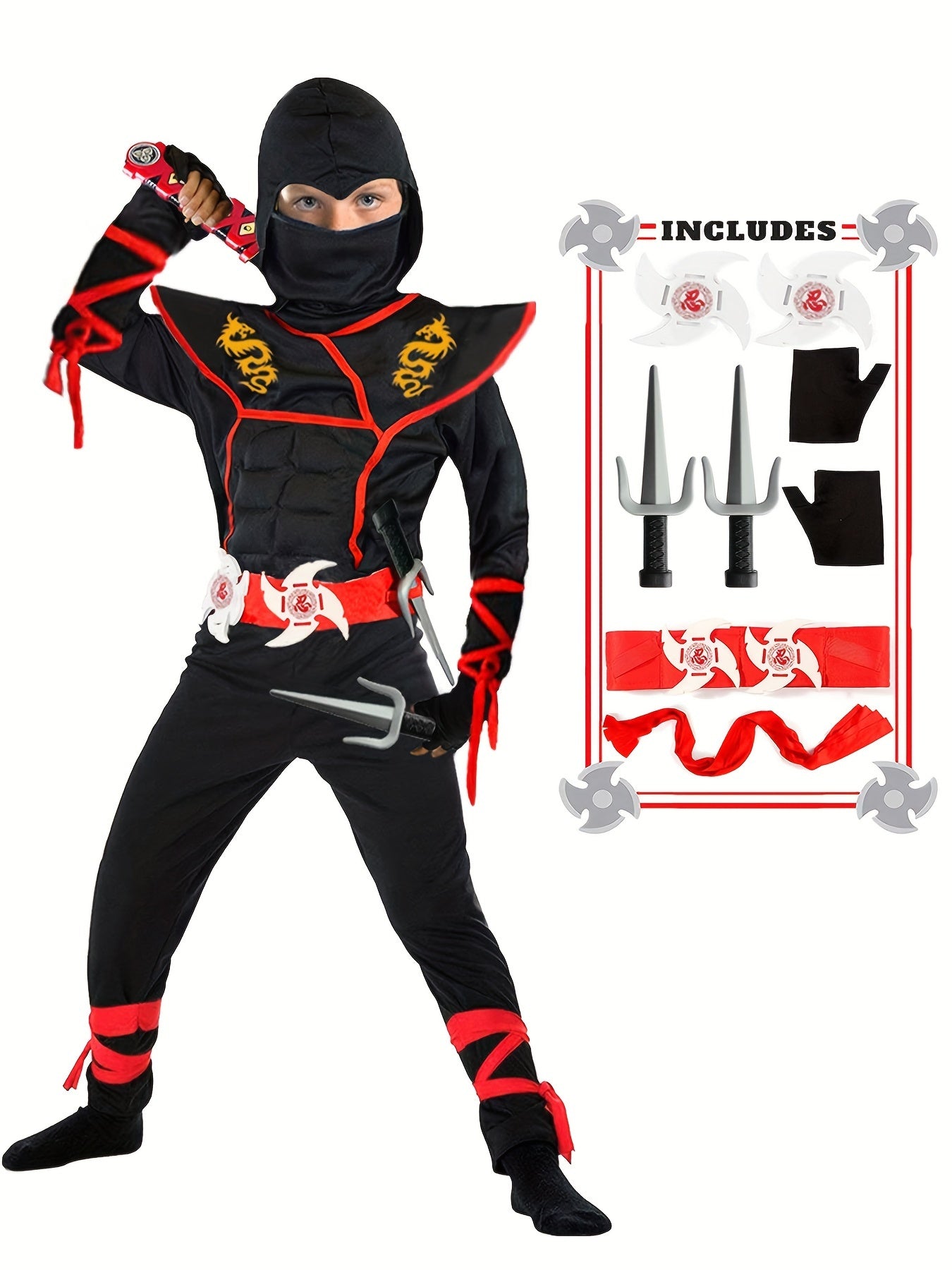 Deluxe Children's Ninja Outfit Set, Muscle Ninja Apparel for Halloween Boys Role-play, Polyester Spandex Blend, Crew Neck, Zippered, Suitable for Over 3 Years Old