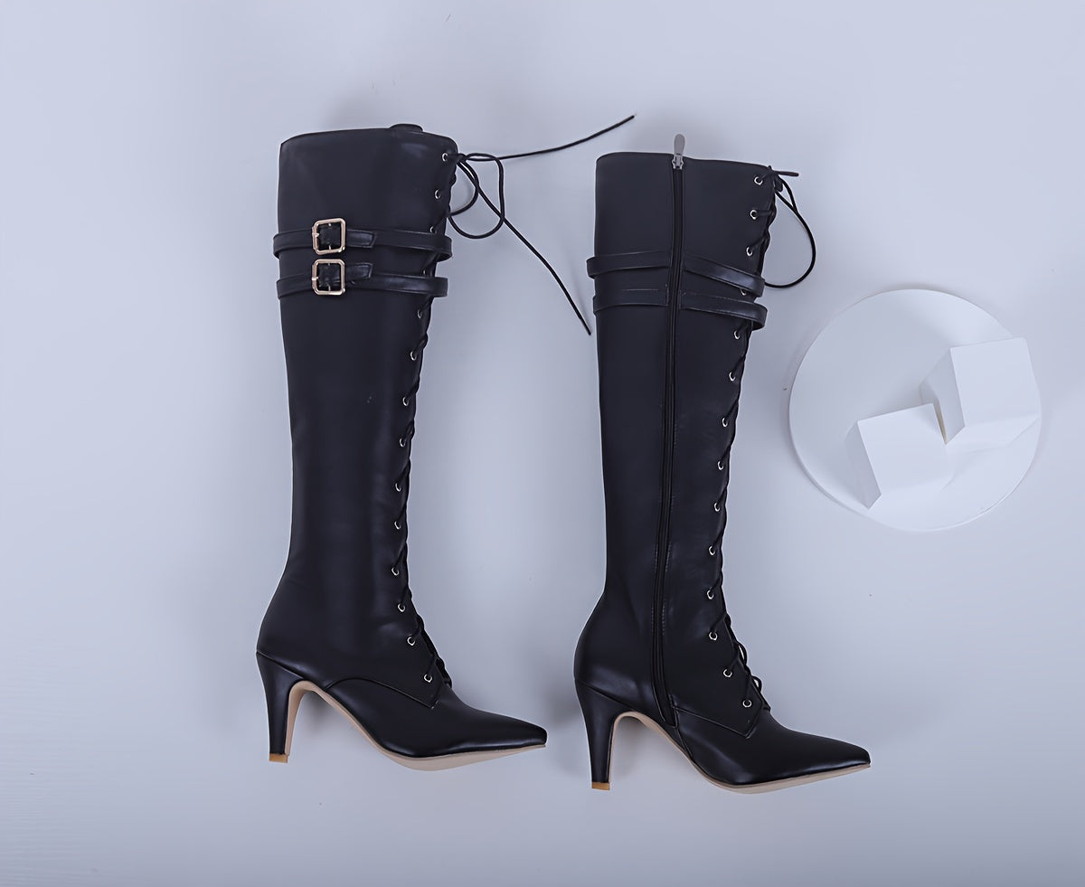 Elegantly Pointed Toe Knee High Boots - Lace-Up, Side Zip, Flare Heel, Solid Color - Elevate Your Style & Comfort