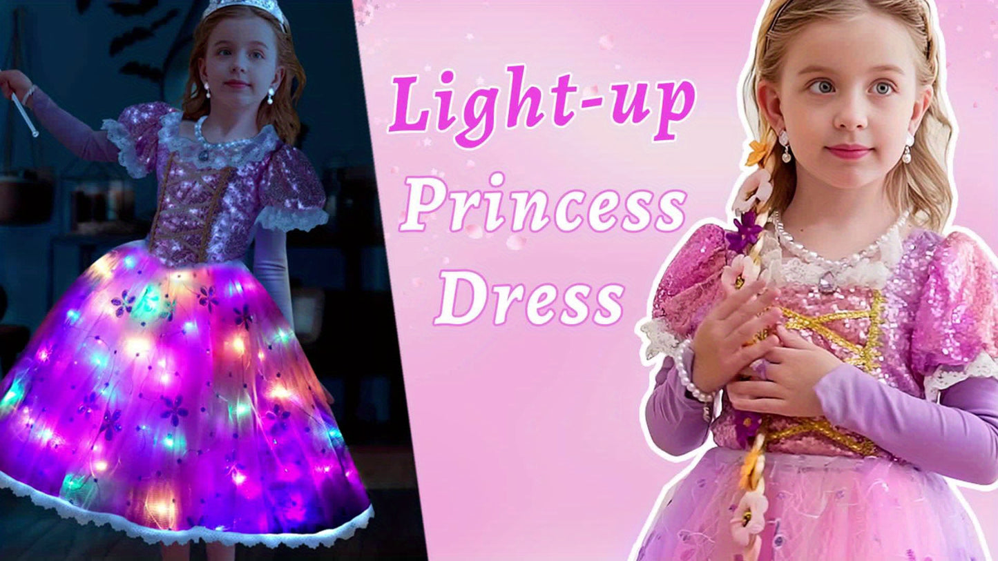 Girls Princess Dress Up 3 4 5 6 7 8, Light Up Dress Costume With Wig, Halloween For Kids Toddler