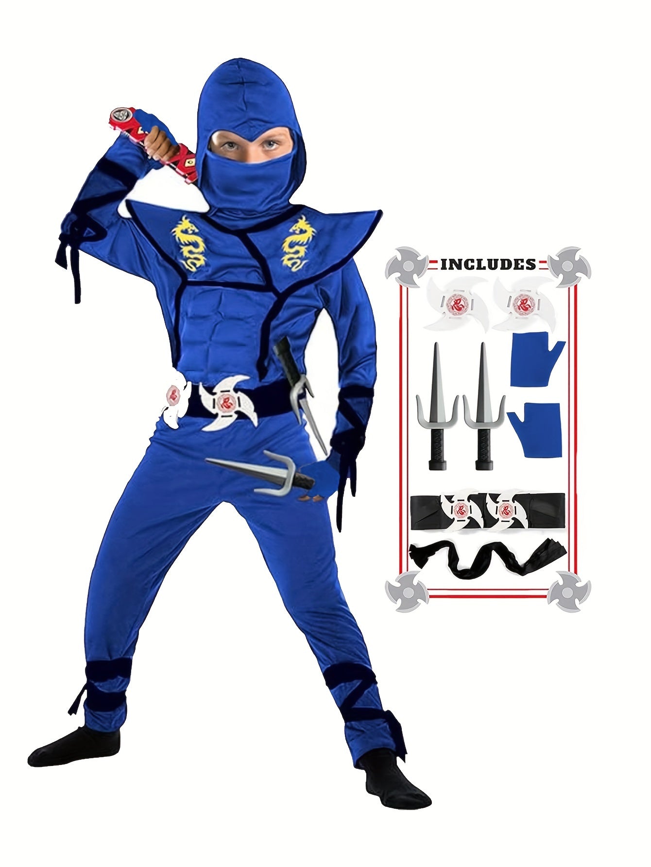 Deluxe Children's Ninja Outfit Set, Muscle Ninja Apparel for Halloween Boys Role-play, Polyester Spandex Blend, Crew Neck, Zippered, Suitable for Over 3 Years Old