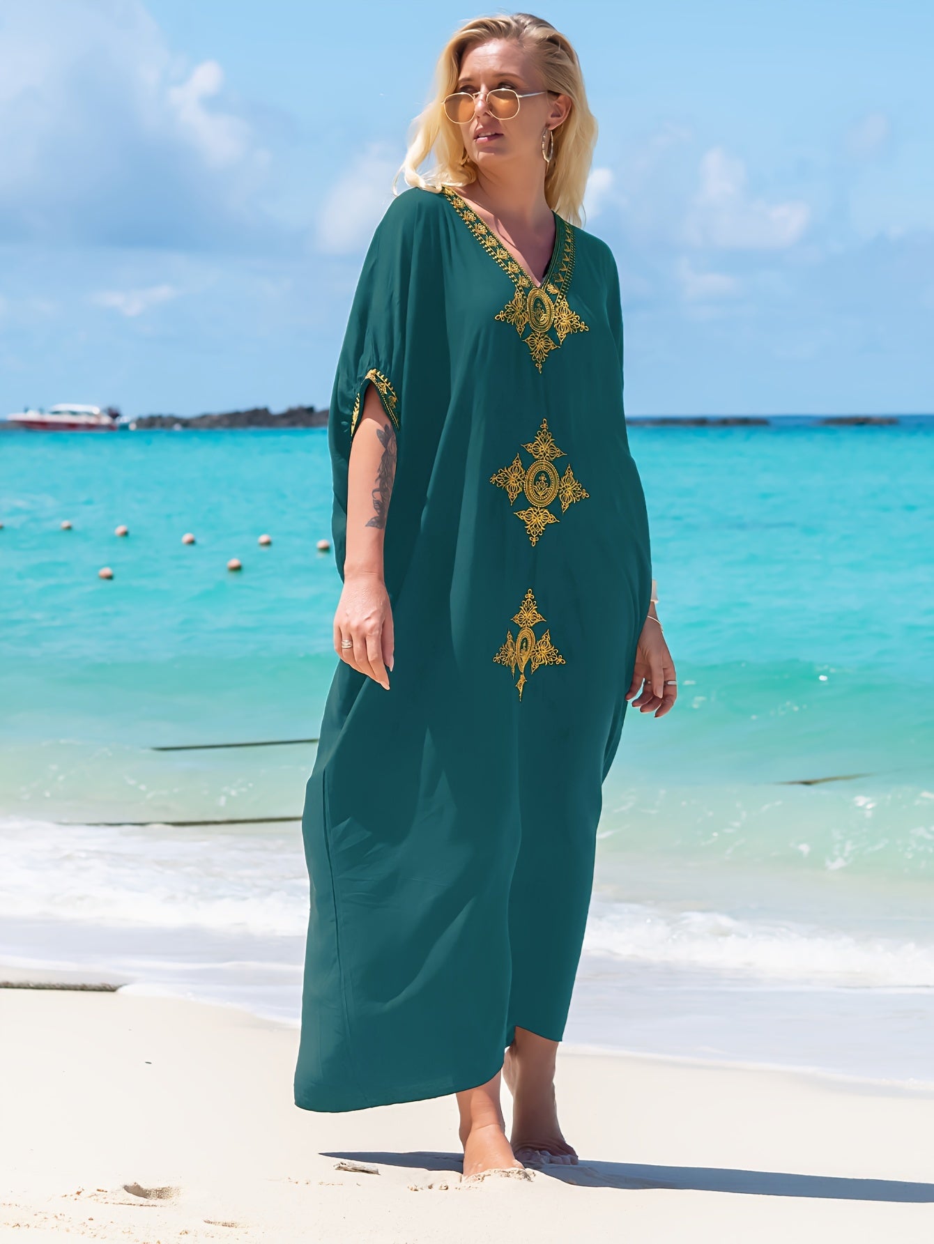 Graphic Embroidered V Neck Loose Kaftan Dress, Elegant Batwing Sleeve Maxi Coverup Dress,Bohemia