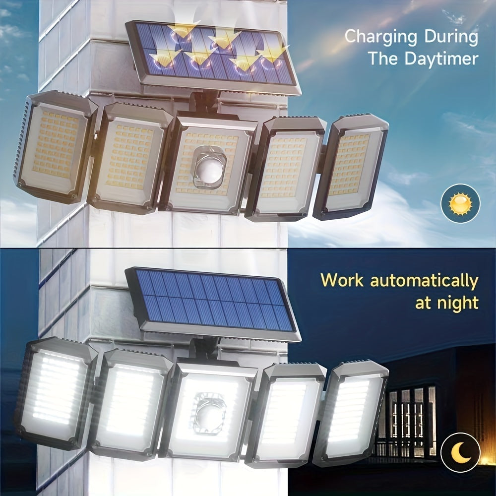 1/2pcs Solar Power Wall Lamp, Solar Light Outdoor, 5 Heads Solar 300 LED Light Outdoor Motion Sensor, Waterproof Wide-angle Illumination Wall Lamp, Garden Courtyard Street Lights