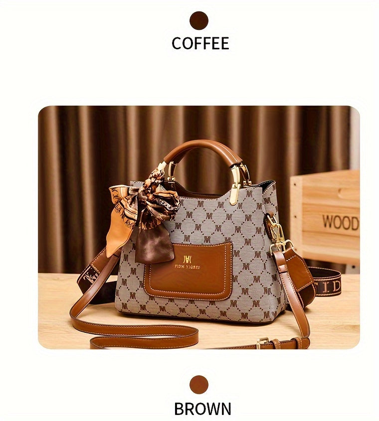 Geometric Letter Pattern Satchel Bag, Letter Patch & Scarf Decor Purse, Elegant Shoulder Bag For Women