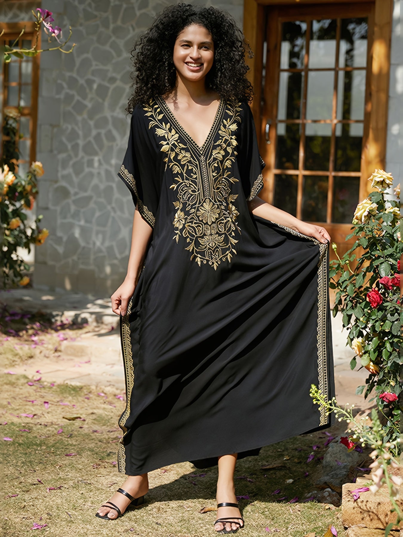 Bohemian Embroidery Caftan Dress House Dress Split Thigh Beachwear Vacation Dress Cover Up