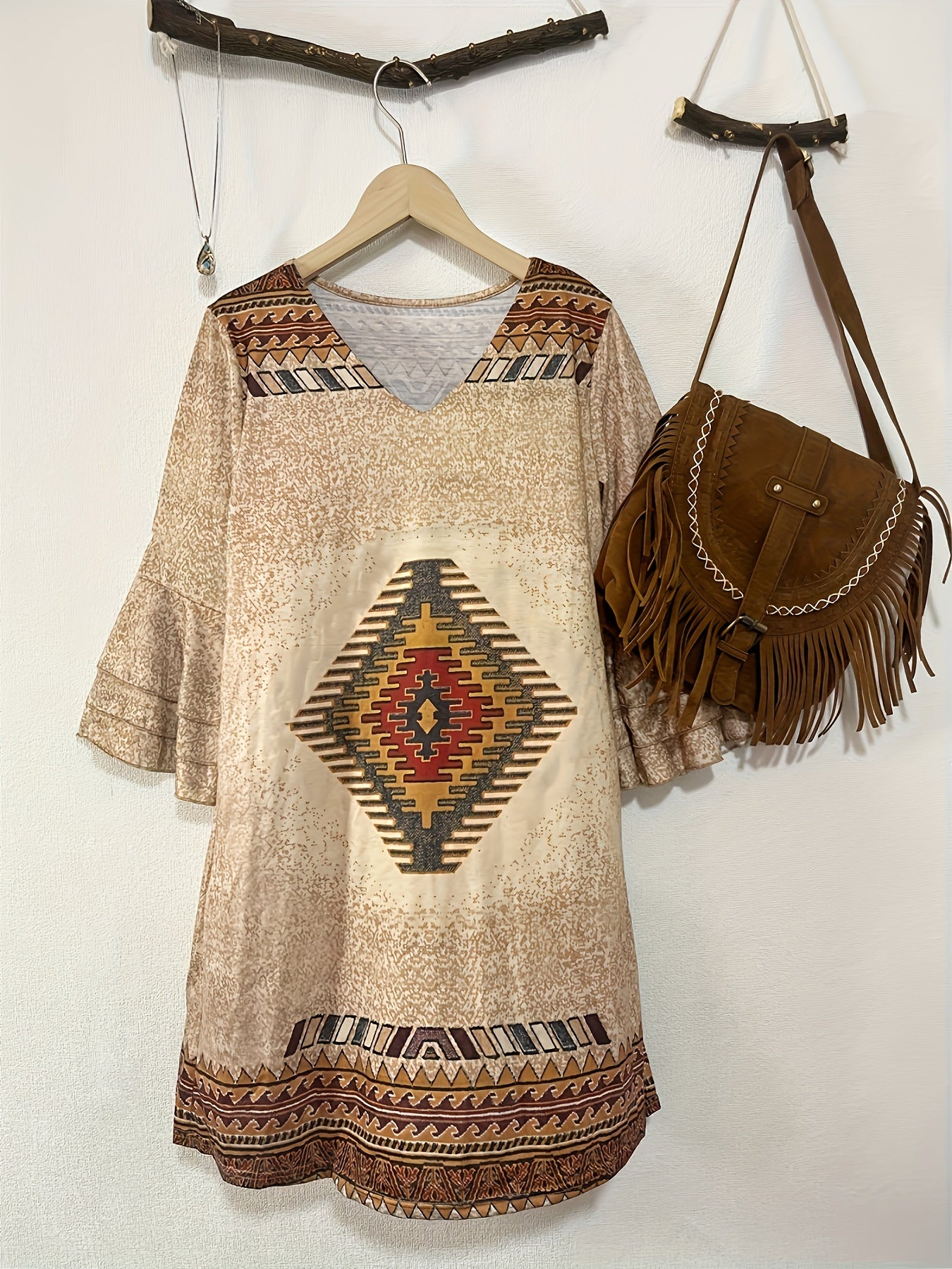 Boho Aztec Print Lounge Dress, Layered Ruffle Trim Bell Sleeve V Neck Dress, Women's Loungewear