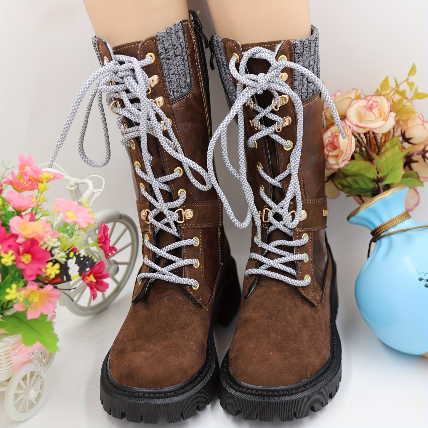 Vintage-Style Riding Boots With Lacing, Low Heel And Soft Sole Fluffy Faux Fur Lining, Perfect For Fall And Winter