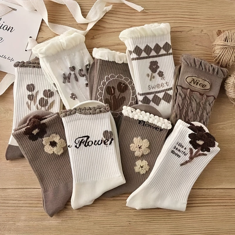 9pcs Women's Cotton Mid-Calf Socks - Floral Lace Trim, Versatile & Stylish Coffee Brown