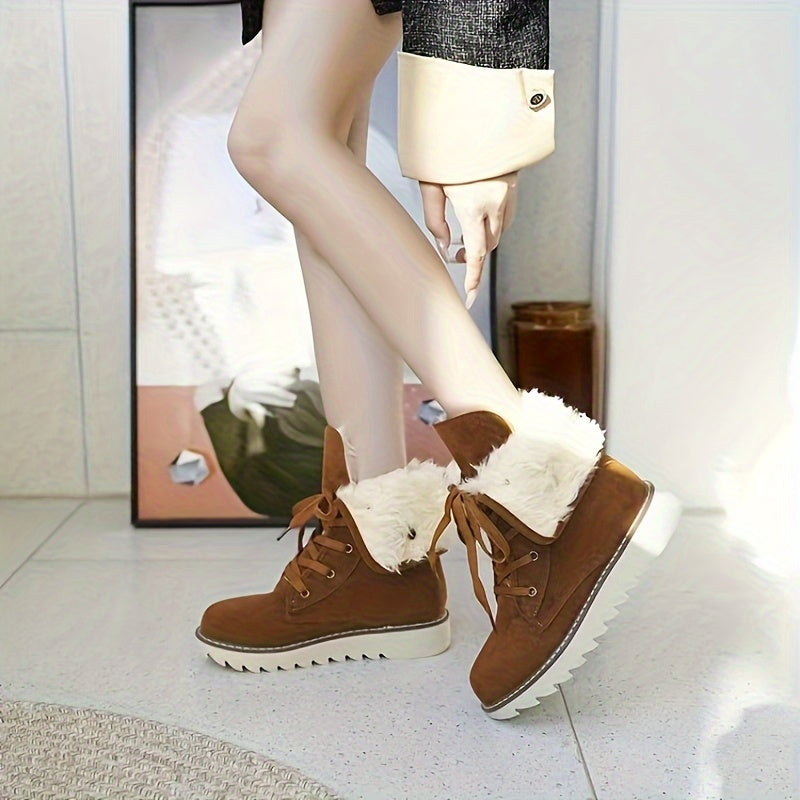 Women's Solid Color Mid Calf Boots, Fashion Lace Up Plush Lined Boots, Comfortable Winter Boots