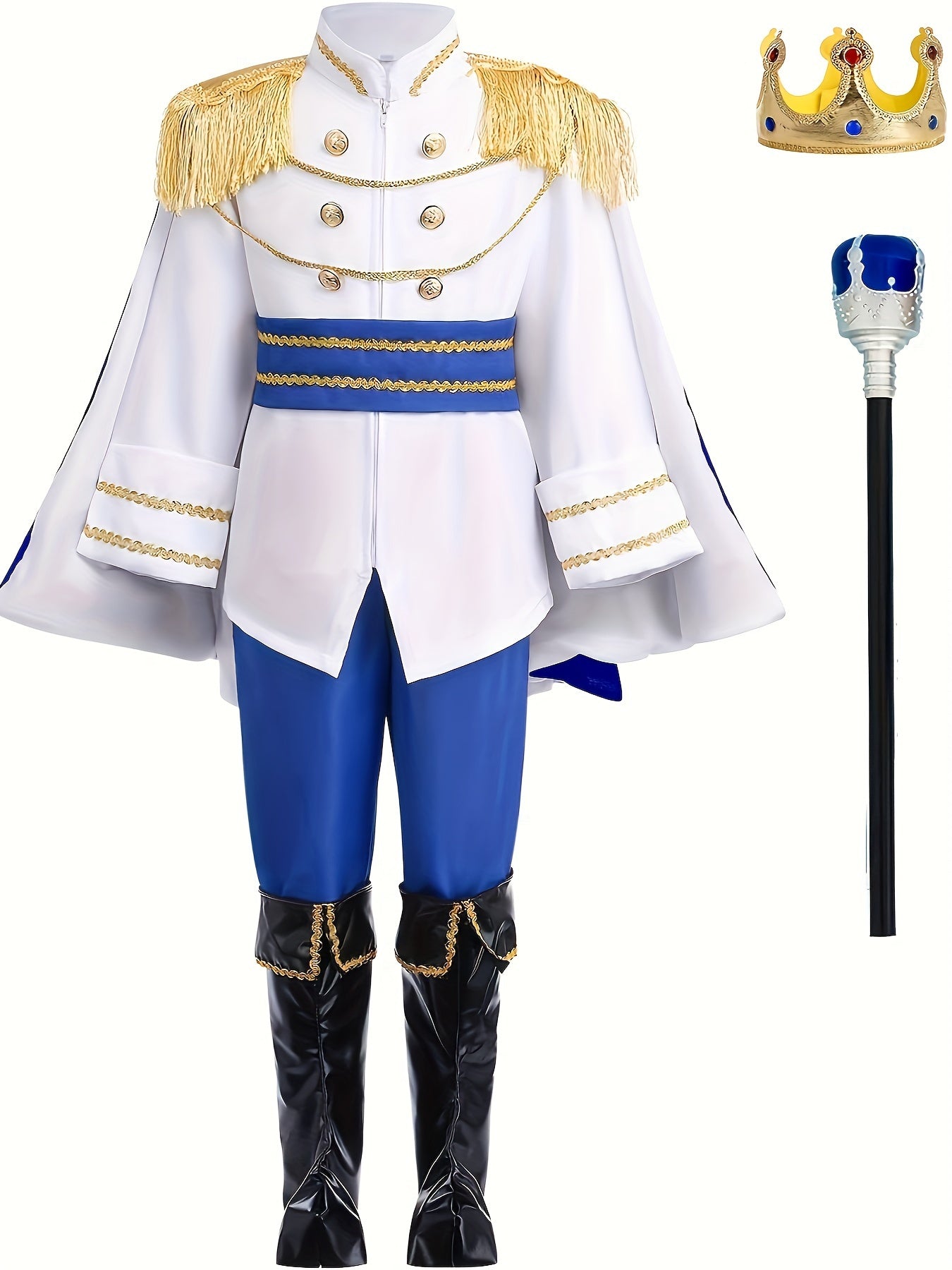 7pcs Boy's Prince Character Clothing, Prince's Top & Crown & Pants & Shoe Covers & Scepter & Cloak & Belt Set, Boys Outfit For Halloween Party