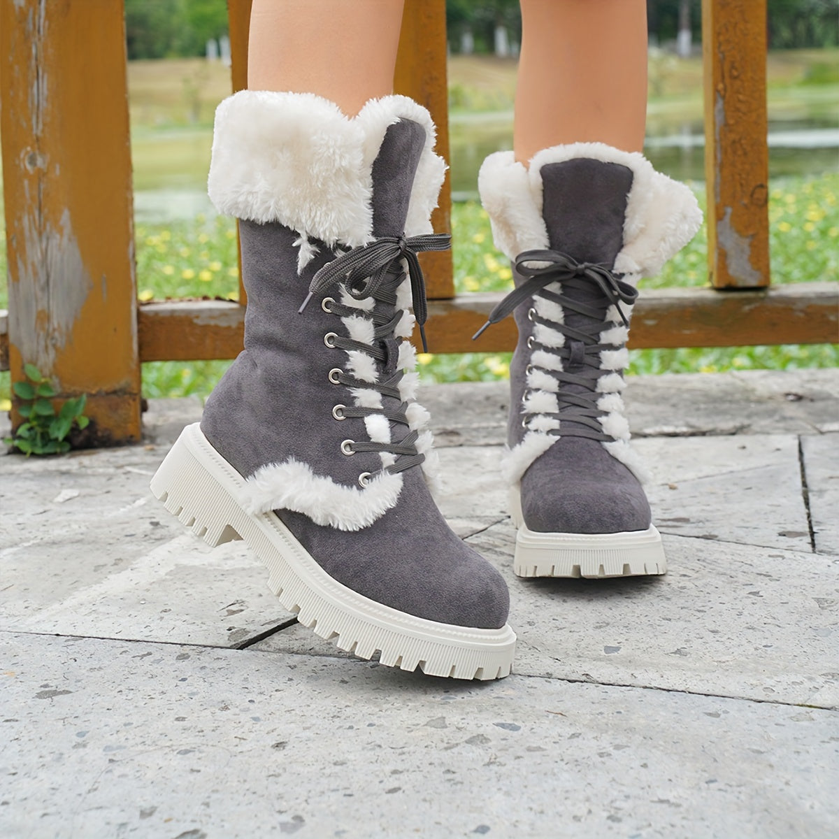 Women's Solid Color Fluffy Boots, Platform Soft Sole Thermal Lining Mid Calf Boots, Non-slip Winter Snow Boots