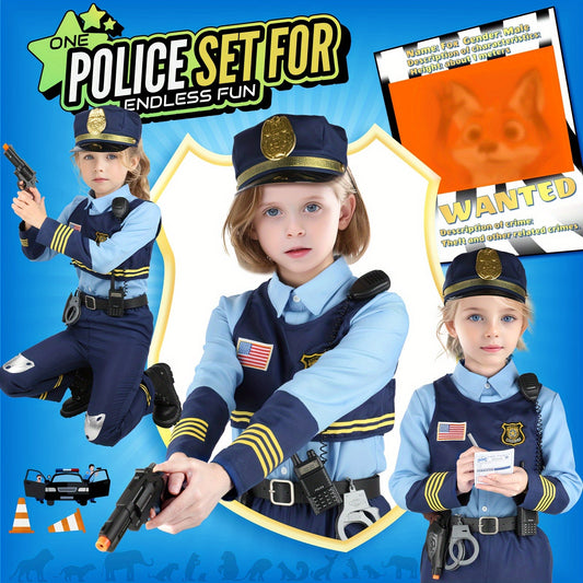 GINMIC Police Costume For Girls 3-12, Cute Police Officer Costume For Kids Cop Police Costume Kids Halloween Costumes For Girls Role Play Costume Set