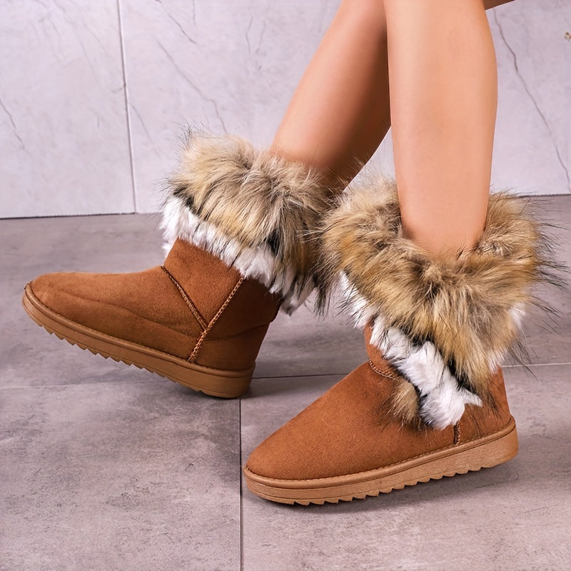 Women's Faux Fur Snow Boots, Casual Slip On Plush Lined Boots, Women's Comfortable Winter Boots