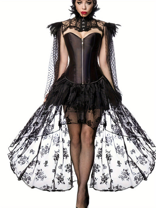 Gothic Vampire Queen Halloween Costume Set, Sexy Lace Shawl With Corset And Hi-Lo Skirt, Three-Piece Outfit.