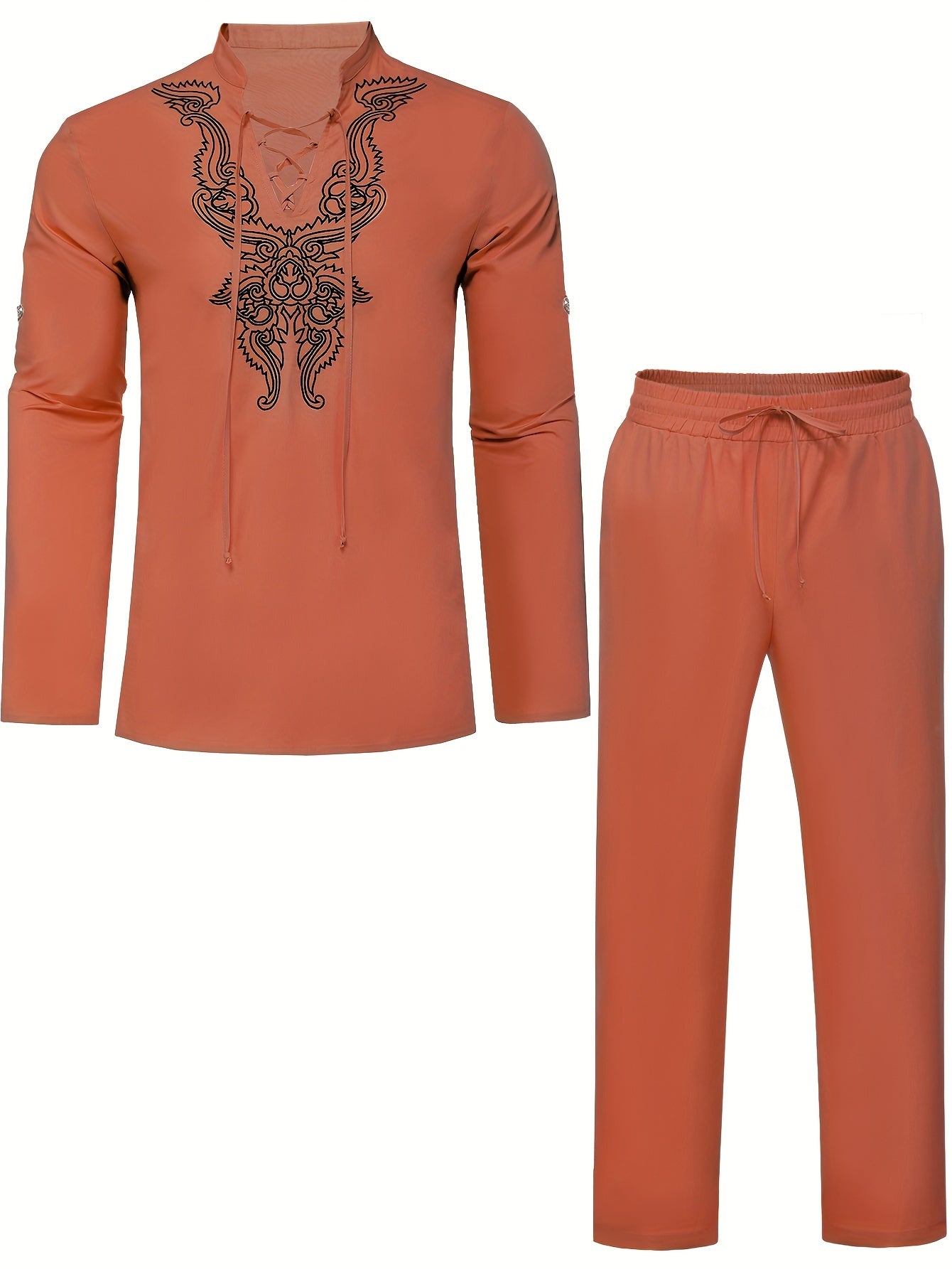 Cotton Boho Style Pattern Embroidery Men's 2 Pieces Outfits, Long Sleeve Lace Up Shirt And Drawstring Solid Trousers Set