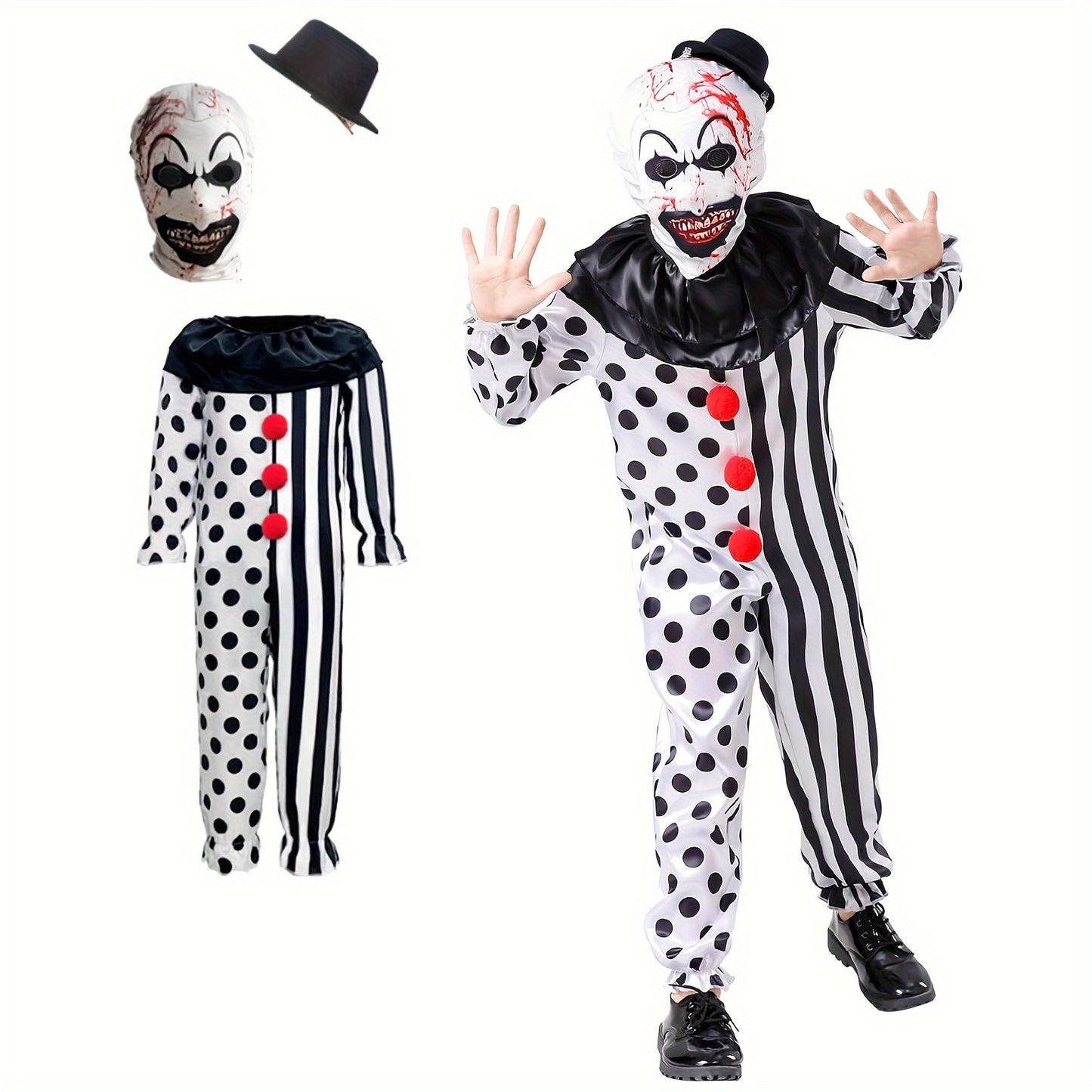 Neutral Children's Clown Costume Jumpsuit, Black And White Halloween Costume, Role-playing With Mask Hat