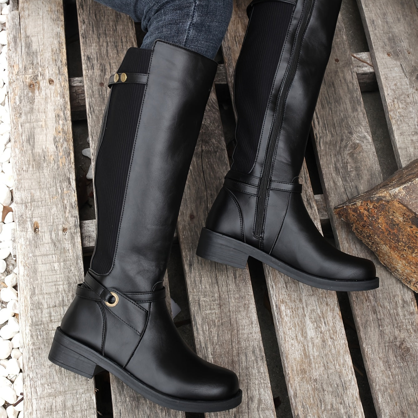 Stylish Solid Color Mid-Calf Boots - Comfortable Chunky Heel, Side Zipper Buckle, Pull-On Design, Trendy Knight Boots for Women - Perfect for Casual Wear